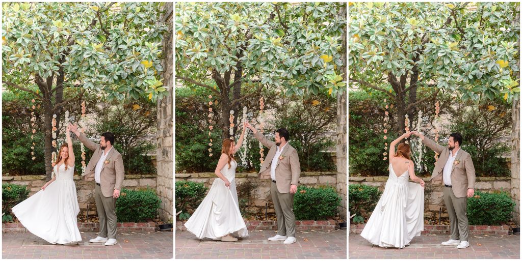 The bride and groom dancing under the magnolia tree at Chateau Bellevue.