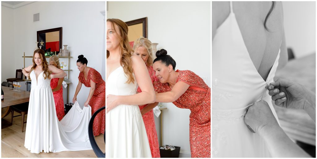 The bride getting into her wedding gown at the Driskill hotel.