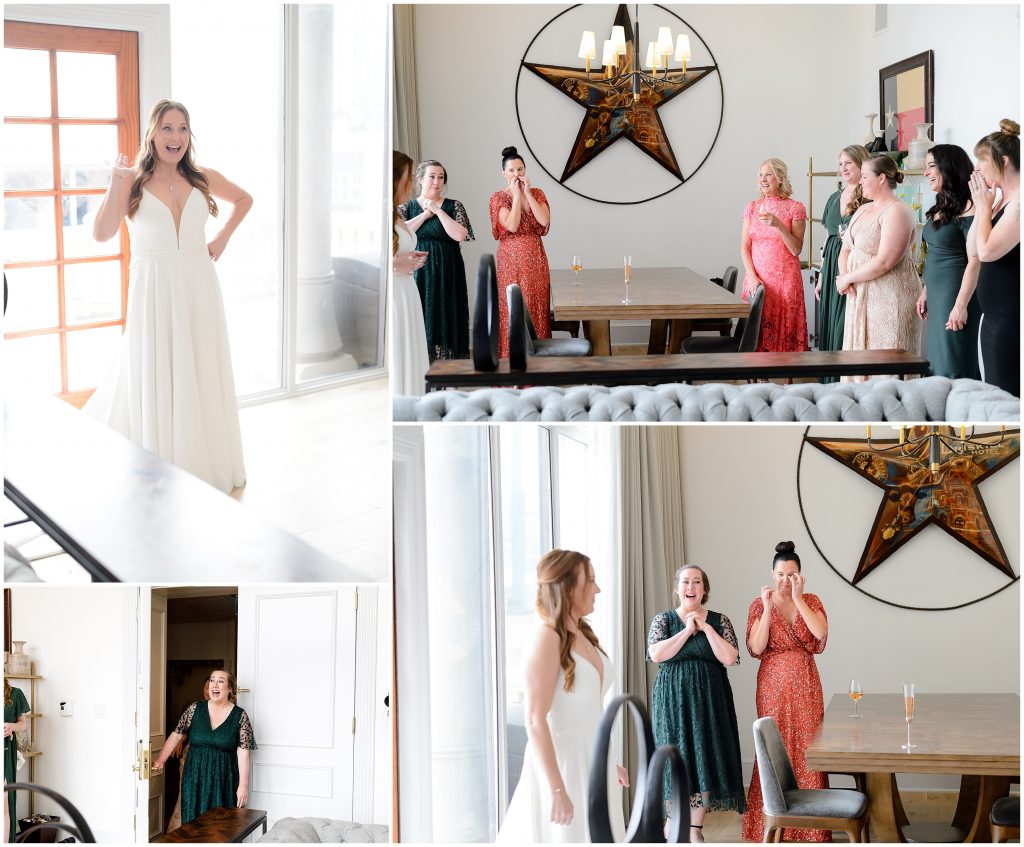 The bride's first look with the girls at the Driskill hotel in Austin, TX.