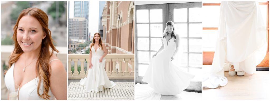 The bride showing off her wedding gown at the Driskill hotel.