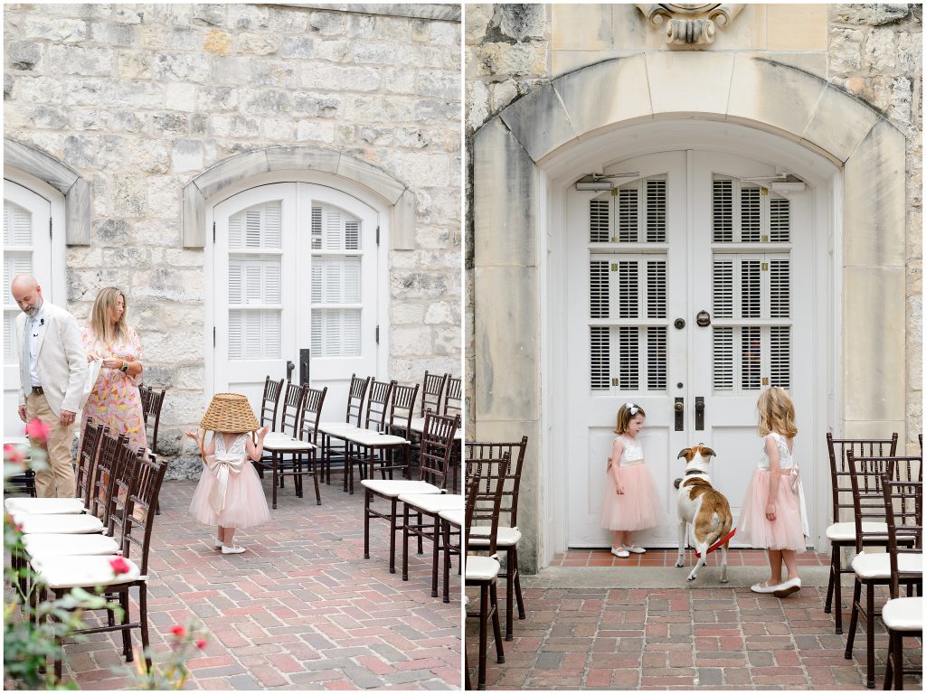 The flowers girls running around Chateau Bellevue before the Downtown Austin wedding.