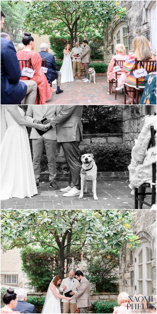 The bride, groom, and their dog getting emotional during their wedding ceremony.