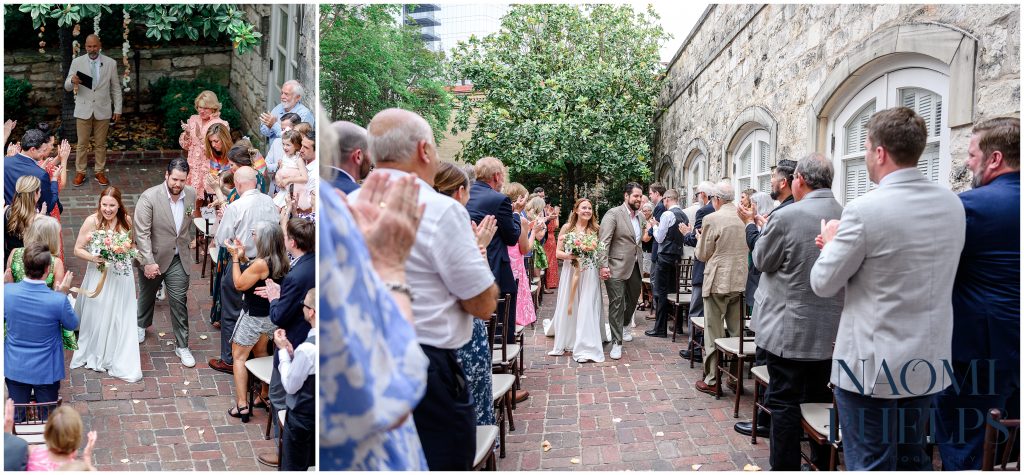 The bride and groom walking down the aisle at their Downtown Austin wedding.