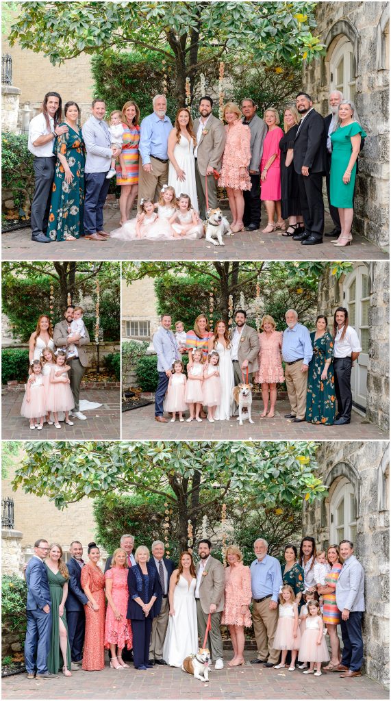 Family portraits under the magnolia tree at Chateau Bellevue in downtown Austin.