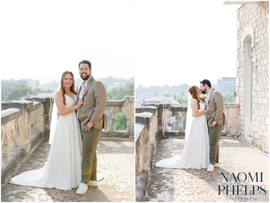 The bride and groom portraits on the balcony of Chateau Bellevue in downtown Austin.