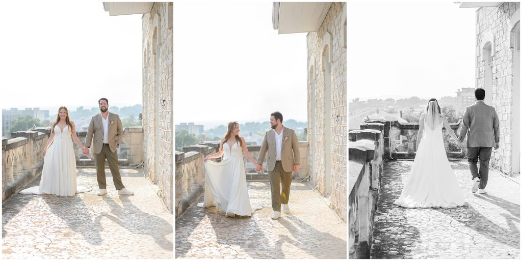 The bride and groom walking around Chateau Bellevue in Downtown Austin.