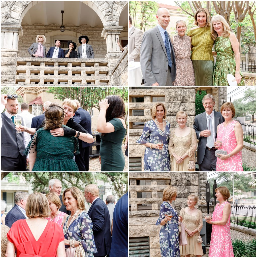 Cocktail hour outside of Chateau Bellevue, a Downtown Austin wedding venue.