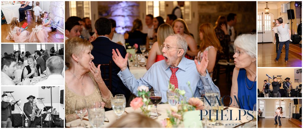 Candid moments at the bride and groom's wedding reception.