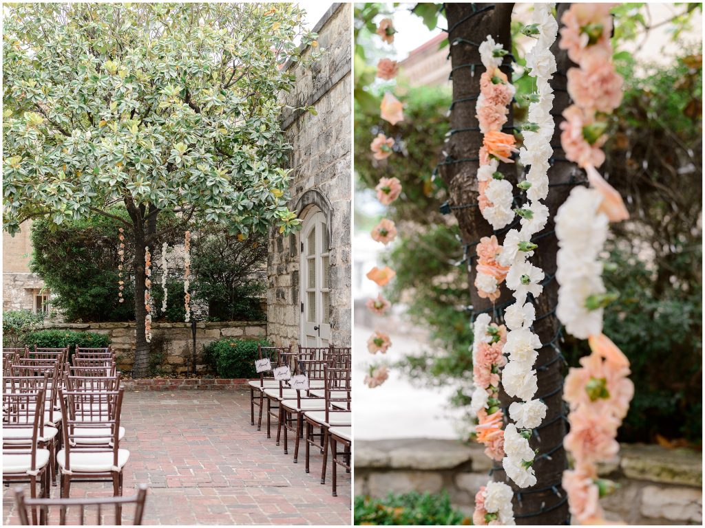 Wedding ceremony details at Chateau Bellevue in downtown Austin.