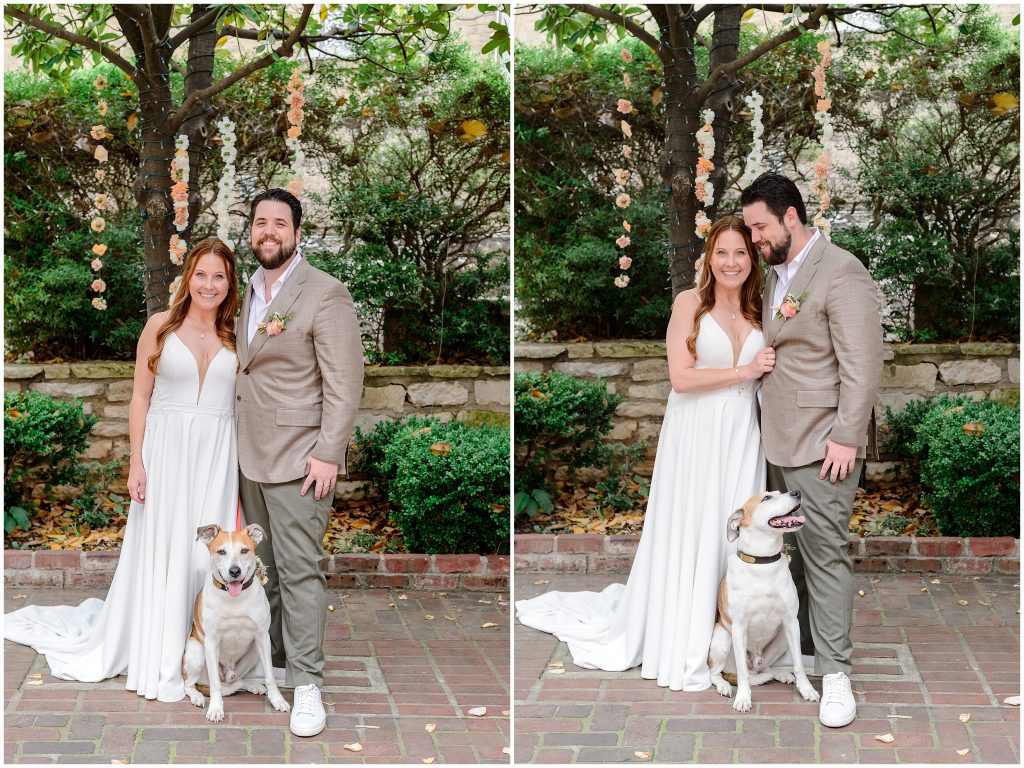 The bride and groom with their dog under the magnolia tree at Chateau Bellevue.