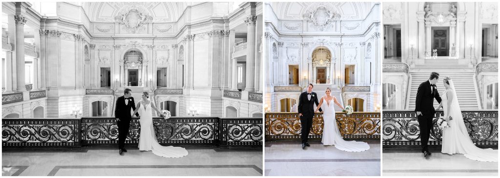 Bride and groom pictures at San Francisco City Hall Mayor's balcony