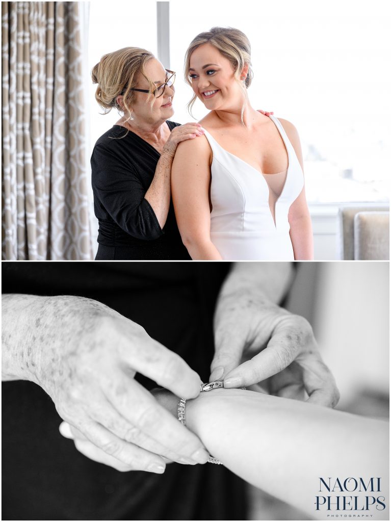 The mother of the bride helping her daughter get ready before her San Francisco City Hall wedding ceremony.