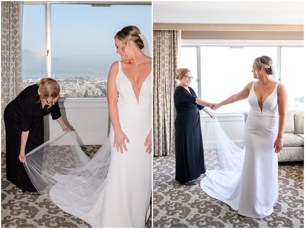 The bride getting into her wedding dress at the Fairmont in San Francisco