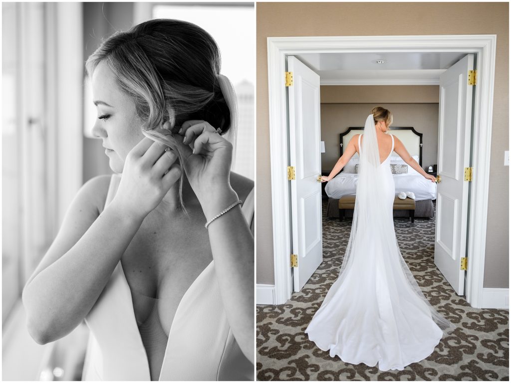 The bride putting on the final touches at her San Francisco destination wedding hotel room.