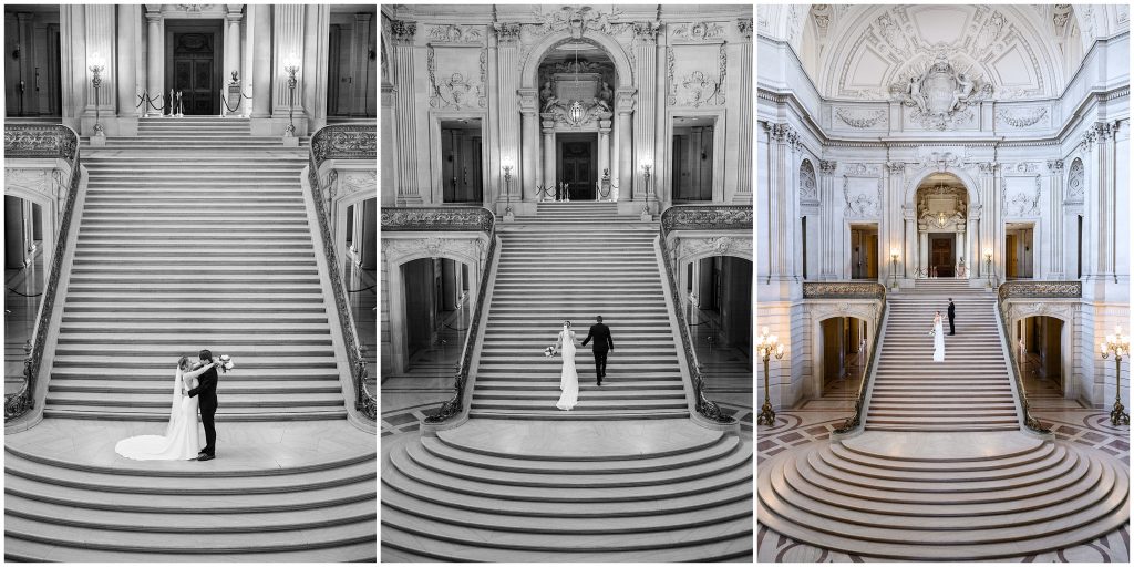 Bride and groom pictures at San Francisco City Hall rotunda.