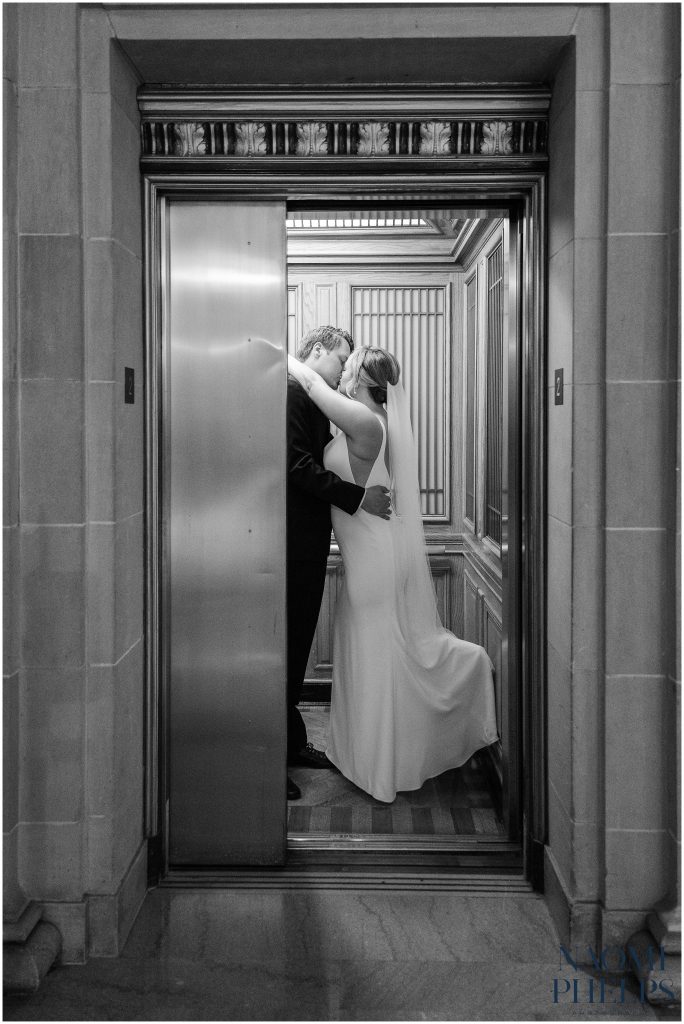 Bride and groom pictures at San Francisco City Hall elevator