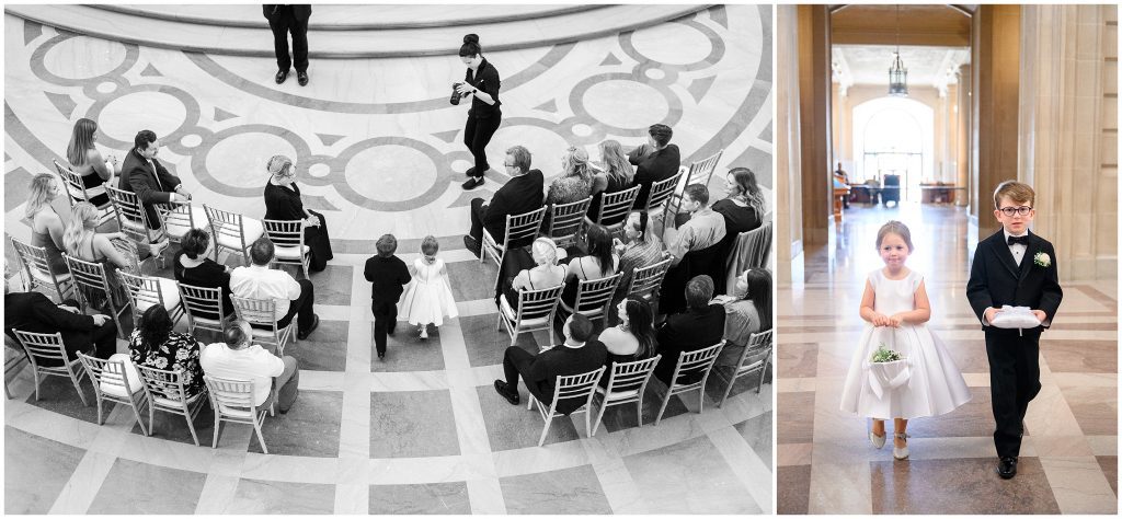 The flower girl and ringbearer walking down the aisle at San Francisco City Hall.