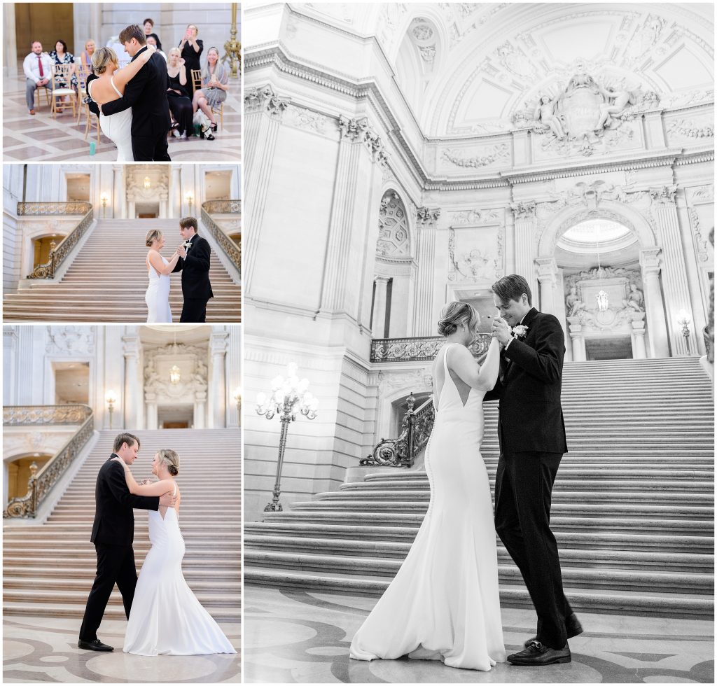 Newlyweds dance their first dance at the rotunda inside San Francisco city hall