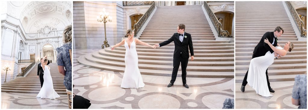 Newlyweds dance their first dance at the rotunda inside San Francisco city hall