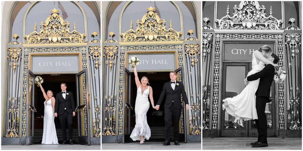 Bride and groom exiting the San Francisco city hall after their wedding ceremony.