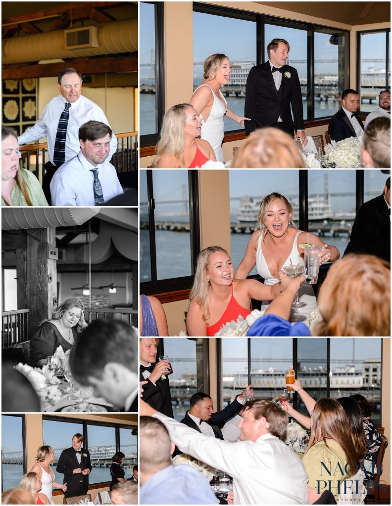 The bride and groom giving toasts at their wedding reception in San Francisco.