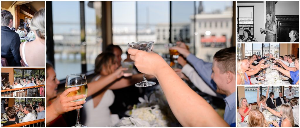 The wedding guests giving toasts at the reception in San Francisco.