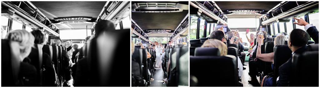 The wedding party taking a shuttle downtown San Francisco.