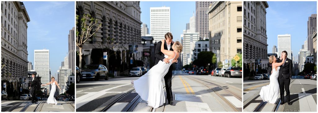 The bride and groom walking down the streets of San Francisco.