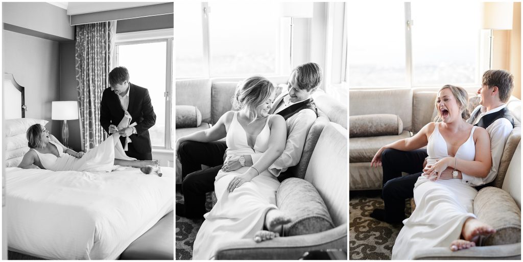 Bride and groom portraits in their hotel room at the Fairmont in San Francisco.