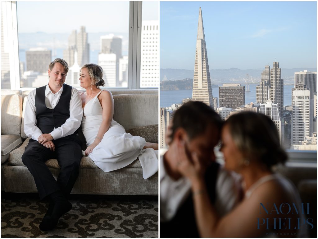 Bride and groom pictures with San Francisco skyline behind them.