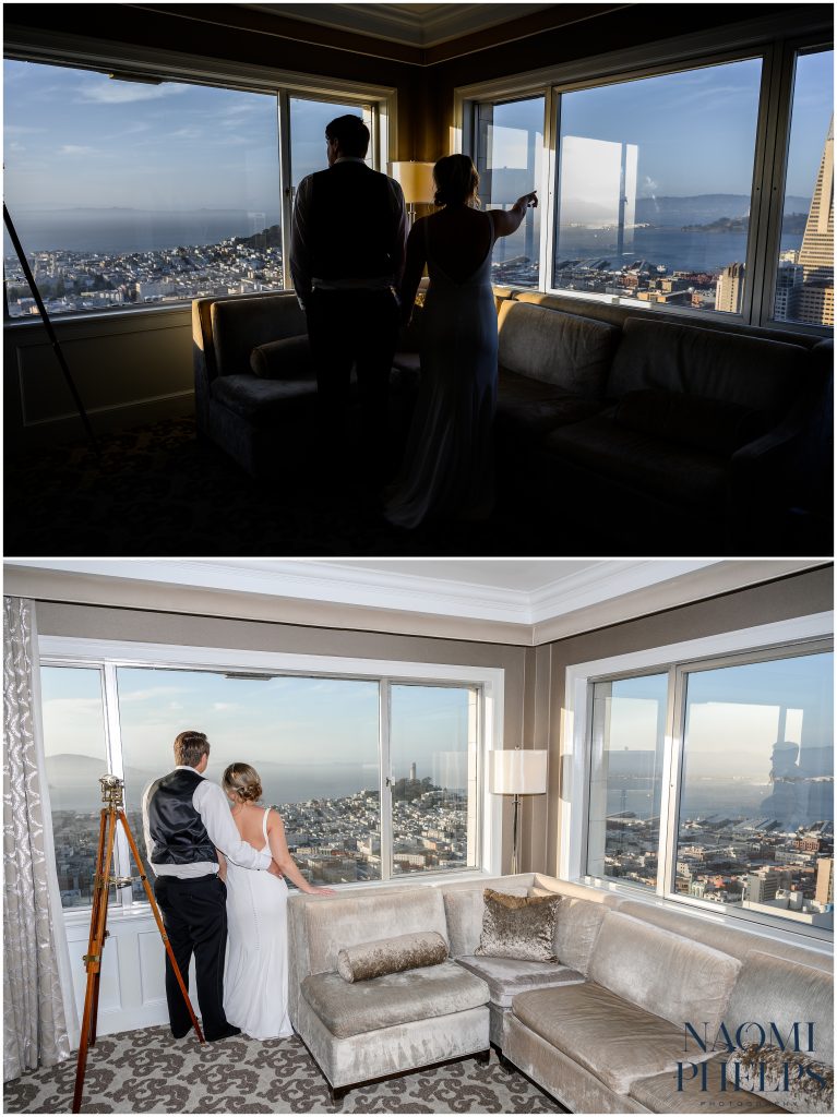 The couple looking out at the San Francisco skyline from their hotel room at the Fairmont.