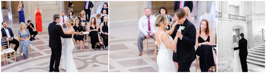 Newlyweds dance their first dance at the rotunda inside San Francisco city hall