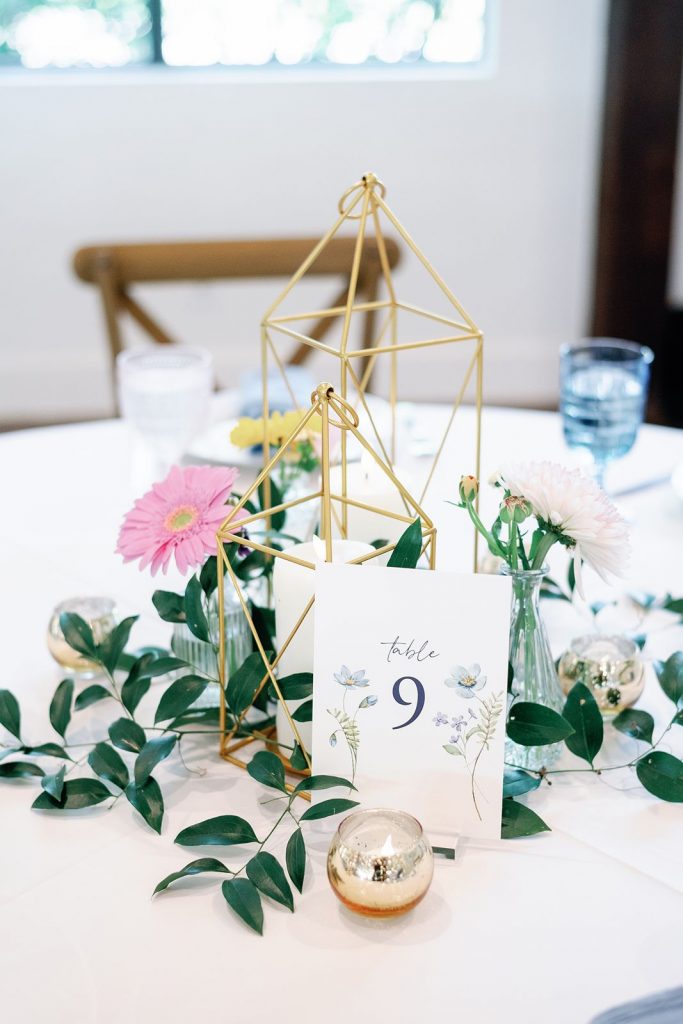 Geometric table design at Pecan Springs Ranch wedding.