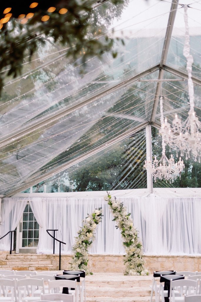 Ceremony site in the clear tent at The Allan House, one of the best small wedding venues in Austin for micro weddings and elopements.