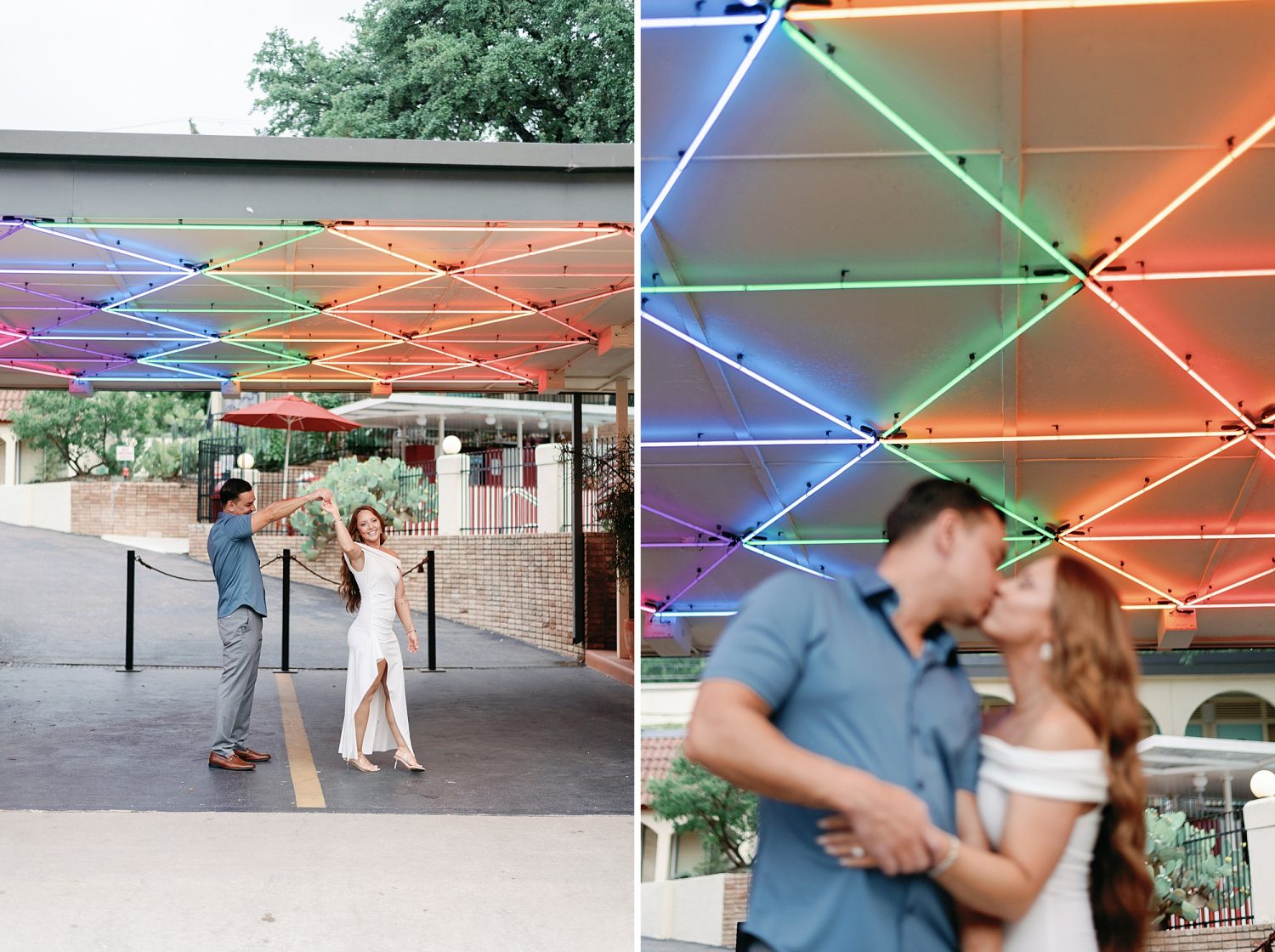 Couple photos under colorful lights in downtown Austin