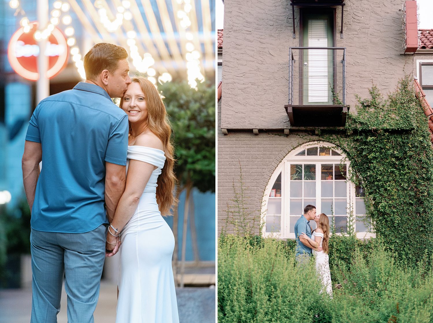 Couple kissing under lights and in front of ivy wall by San Jose Hotel in Austin, TX