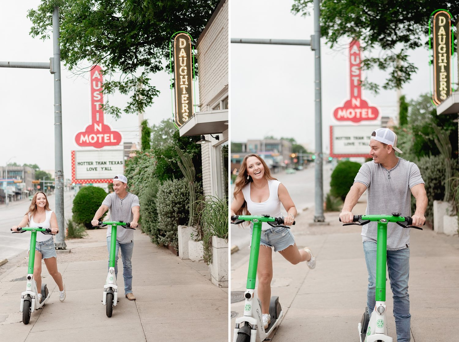 Engagment photos riding lime scooters in downtown Austin