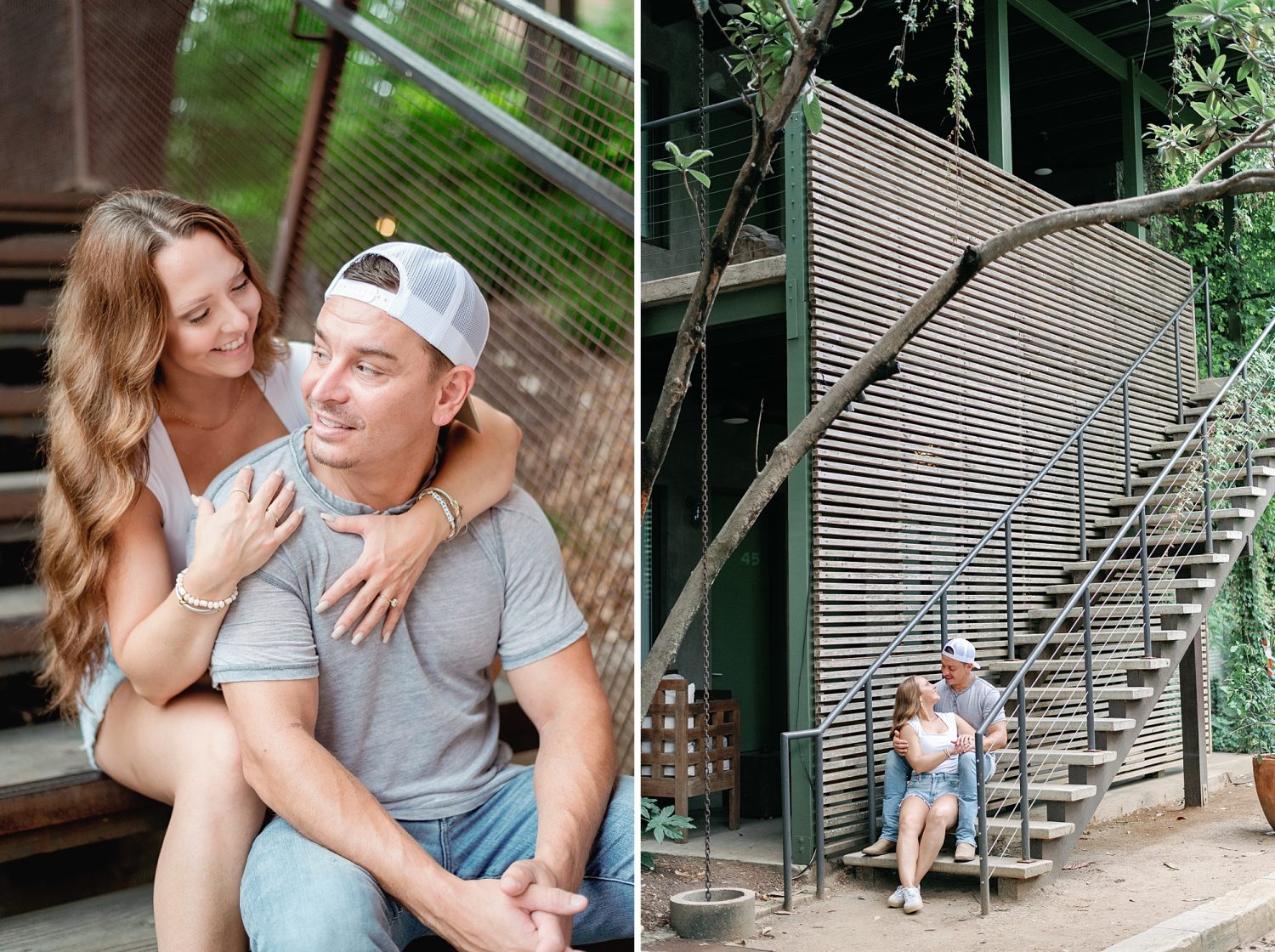 Couple sitting on stairs for engagement photos
