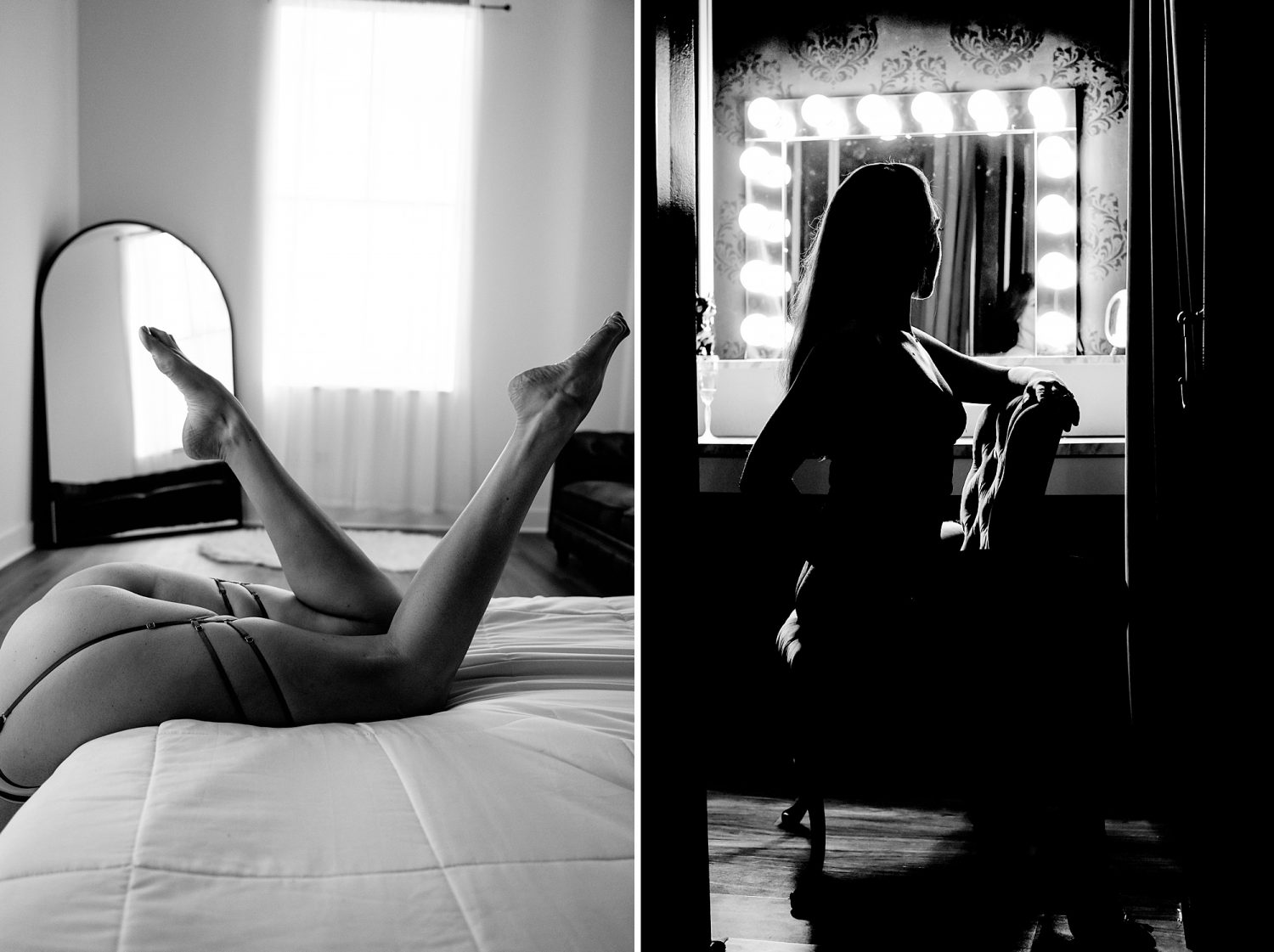 Black and white boudoir photos at studio in Austin