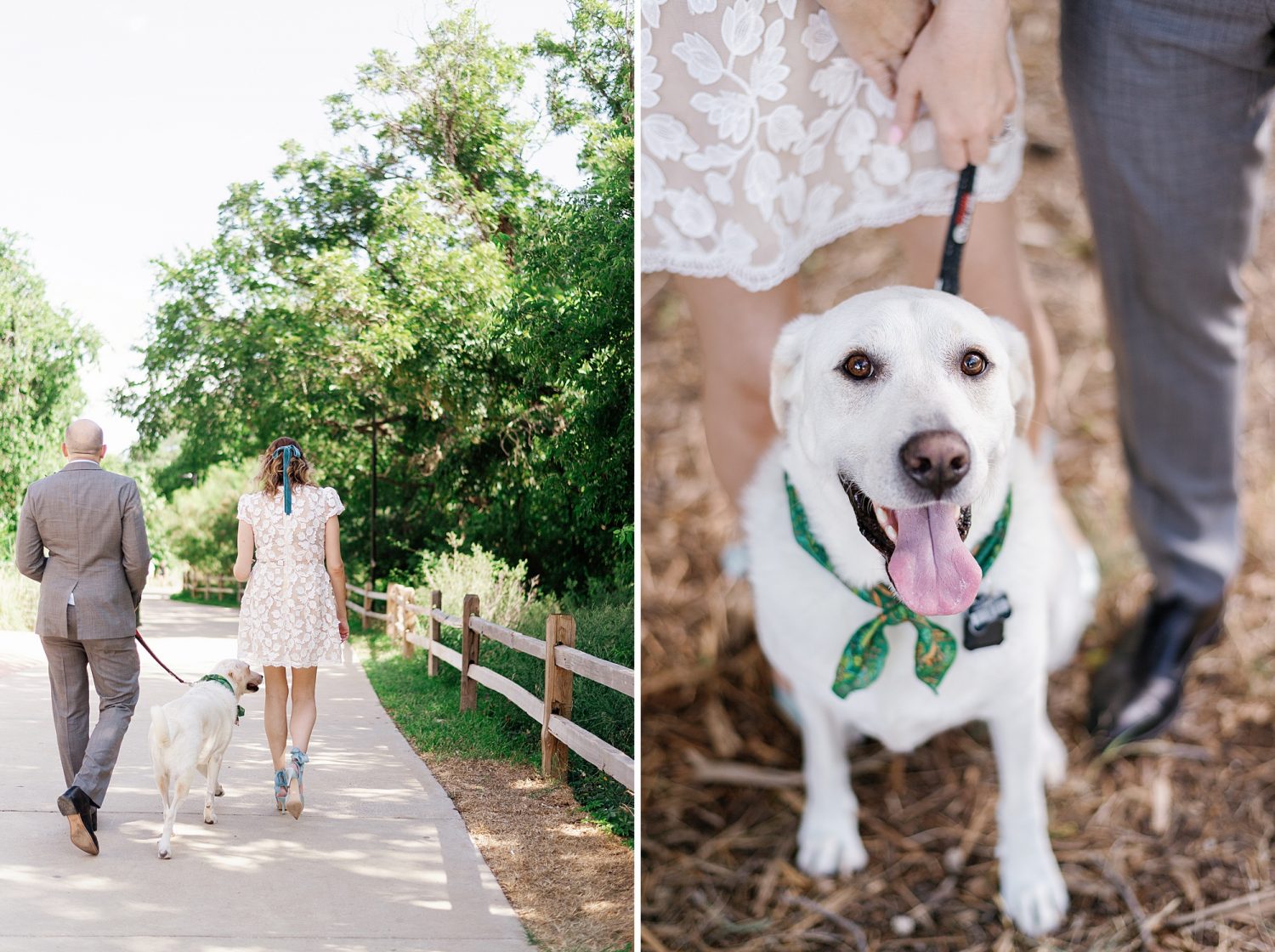 Couple walking white dog around downtown Austin